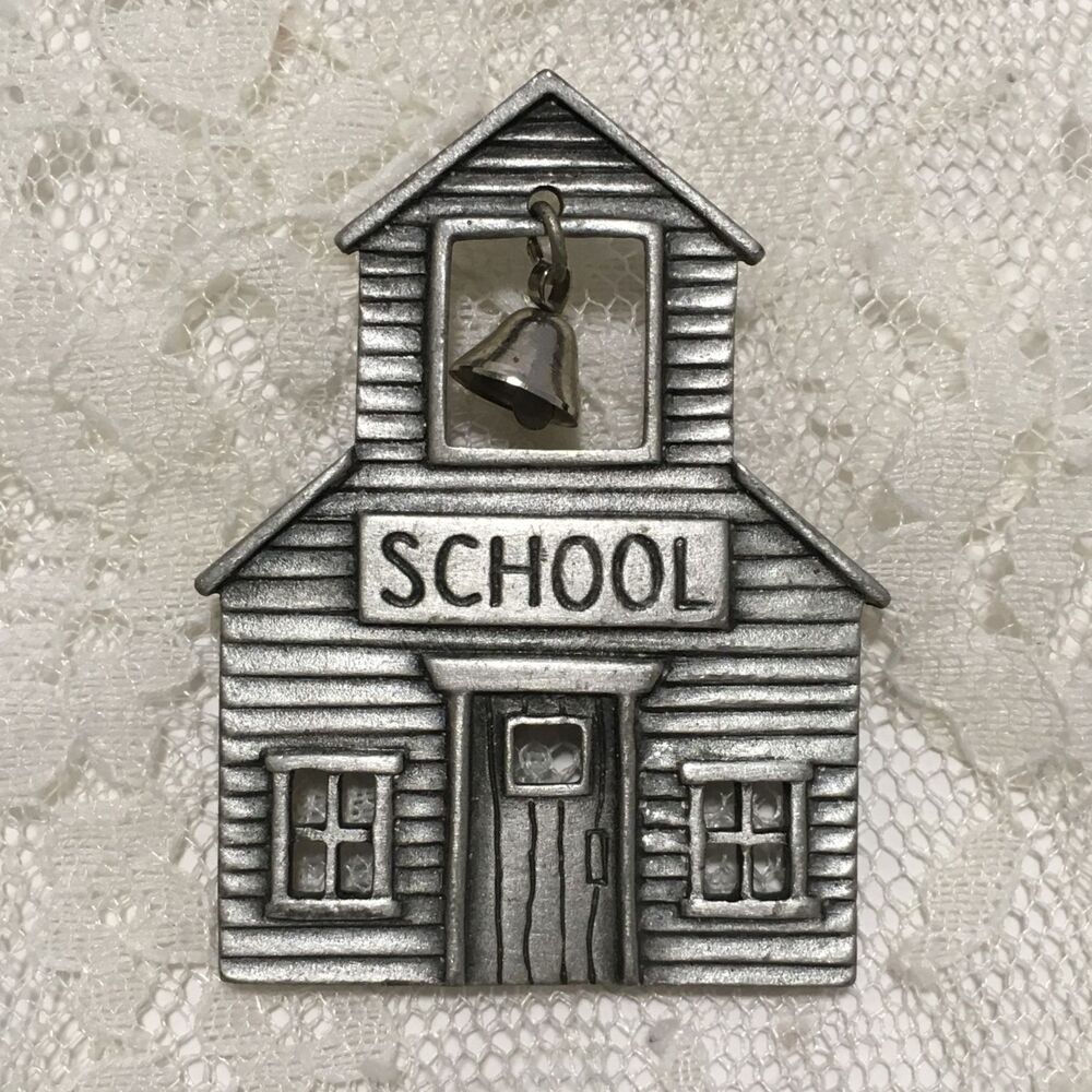 Vintage JJ signed Brooch School House Old Fashioned Tiny Bell Silver Tone